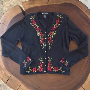 Vintage Work in Progress Black Floral Embroidered Cardigan/ Size Medium Sweater